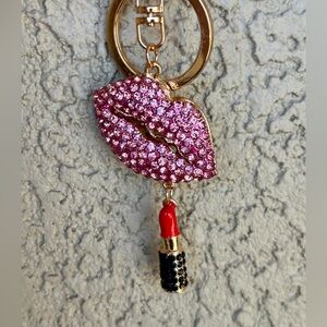 Sparkling Pink Rhinestone Lip Keychain/Bag Charm with Red Lipstick Charm